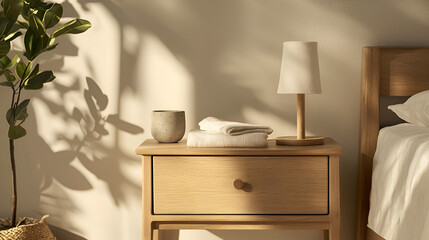 Bright bedroom detail: wooden nightstand with lamp, stack of towels, and a potted plant casting shadows.