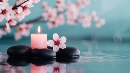 Tranquil Spa Scene with Pink Candle, Soft Cherry Blossom, and Smooth Black Stones on a Calm Water Surface