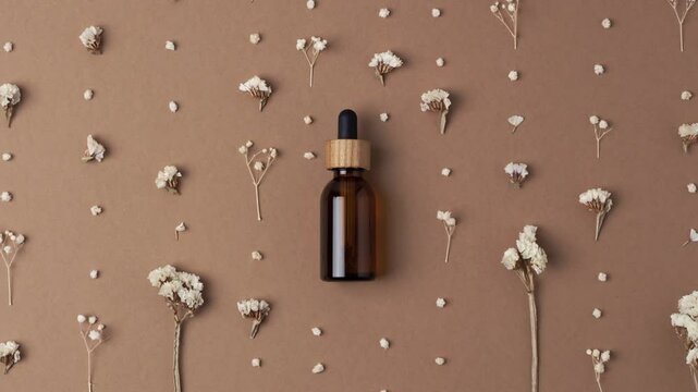 Cosmetic bottle with flowers on brown background. Flat lay