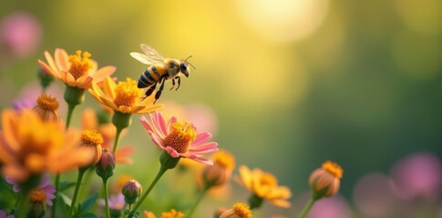 Happy bee soaring above a bouquet of fragrant wildflowers, flowers, nature