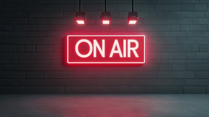 Bright Neon 'ON AIR' Sign Illuminating a Modern Studio Wall in Vibrant Red with Unique Lighting Effects