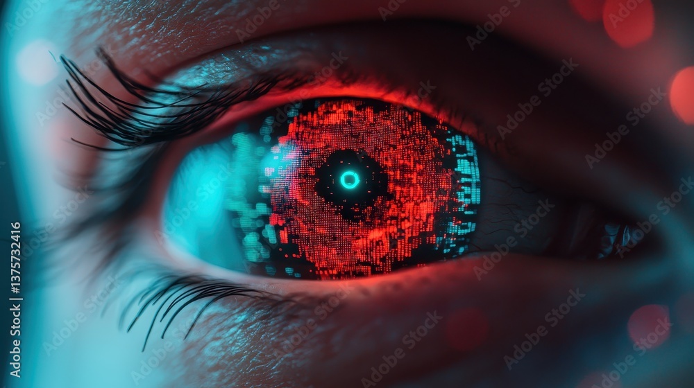 Poster close-up of futuristic eye with digital patterns and neon colors representing technology and innovat