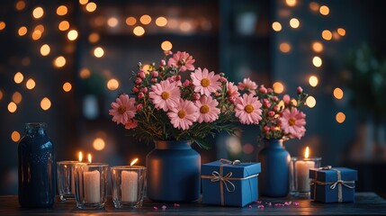 An inviting display of pink flowers in blue vases surrounded by glowing candles and beautifully wrapped gifts, evoking warmth and celebration.