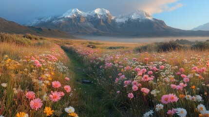 Fototapeta premium A breathtaking early morning view of a vibrant meadow filled with colorful wildflowers, leading towards majestic snow-capped mountains