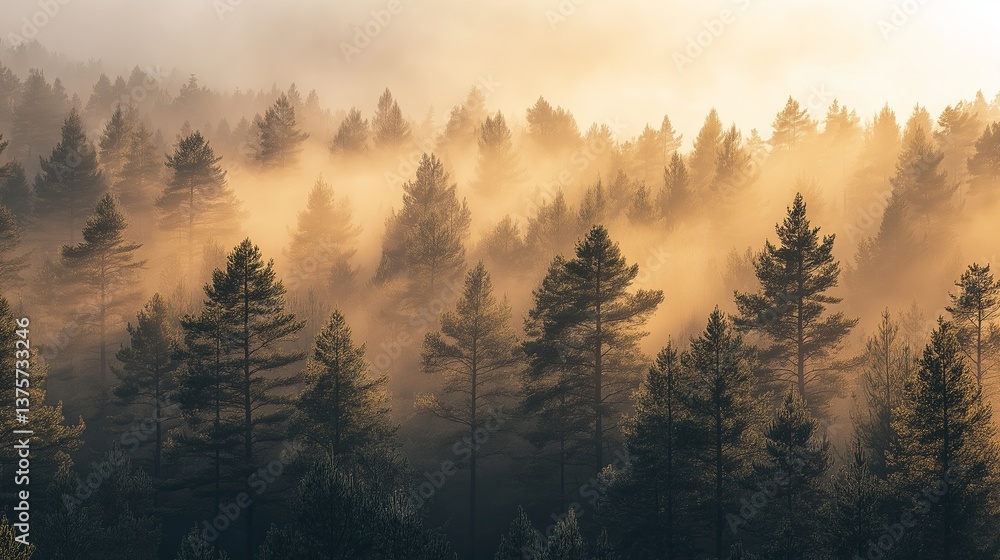 Poster a misty pine forest at dawn, with golden light filtering through