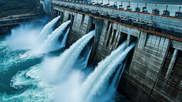 A hydroelectric dam control room, engineers monitoring energy output with digital dashboards and AI-driven predictions.