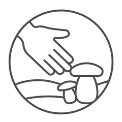 Hand and mushrooms thin line icon, eco tourism concept. Vector graphics. Mushroom hunting with human hand sign on white background, outline style icon for mobile or web design.