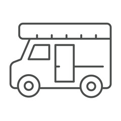 Fototapeta premium Trailer vehicle thin line icon, eco tourism concept. Vector graphics. Van truck, motorhome bus, transport sign on white background, outline style icon for mobile or web design.