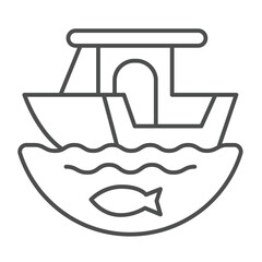 Boat on water waves and fish thin line icon, eco tourism concept. Vector graphics. Fishing motorboat, water transport sign on white background, outline style icon for mobile or web design.