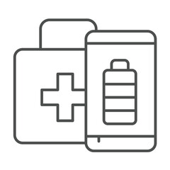 Fototapeta premium Smartphone and first aid kit thin line icon, eco tourism concept. Vector graphics. Charged phone with medicine briefcase sign on white background, outline style icon for mobile or web design.
