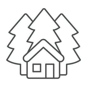 recommend clip art: Forest watcher cabin thin line icon, eco tourism concept. Vector graphics. House and forest trees sign on white background, outline style icon for mobile or web design.
