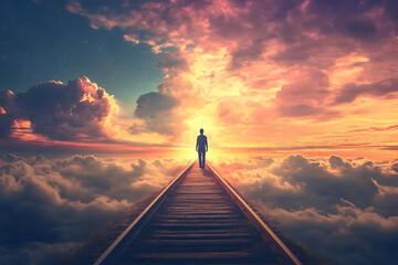 Figure walks along railway fading into glowing clouds at sunset, depicting destiny, journey, and stepping into the unknown.