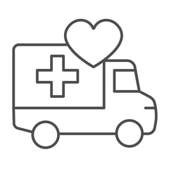 Humanitarian aid truck thin line icon, charity concept. Vector graphics. Charity vehicle with cross and heart sign on white background, outline style icon for mobile or web design.