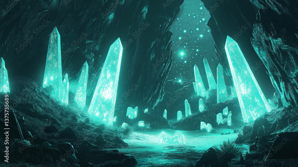 Poster a mystical cave with glowing crystals forming intricate patterns.