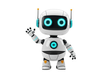 Fototapeta premium A white robot waving with a speech bubble on a gray background