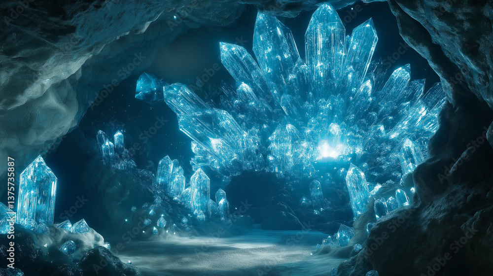 Poster a mystical cave with glowing crystals forming intricate patterns.