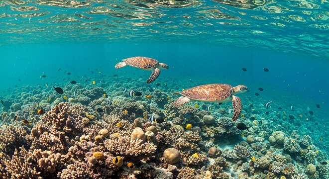 Two serene sea turtles swimming gracefully over a vibrant coral reef underwater - Powered by Adobe