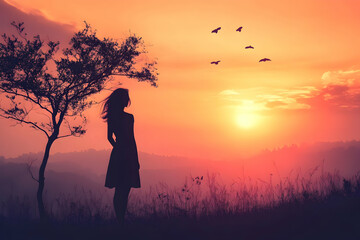 A woman standing on a hill, gazing at a vibrant sunset with birds flying overhead, symbolizing reflection, hope, and serenity.