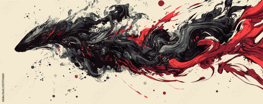 Poster abstract swirling black and red fluid art with dynamic motion - vector.