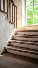 Obraz premium Staircase leading towards a sunlit window in an old building with rustic charm, inviting natural light and illuminating the weathered wooden steps