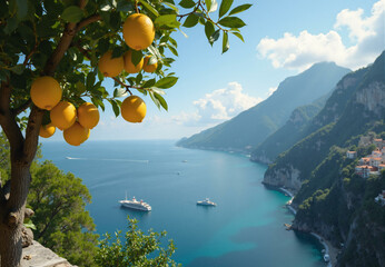 Lemon tree branches. Fresh ripe lemons with leaves, citrus fruits on branch with foliage, natural organic garden product for lemonade juice. Mediterranean landscape