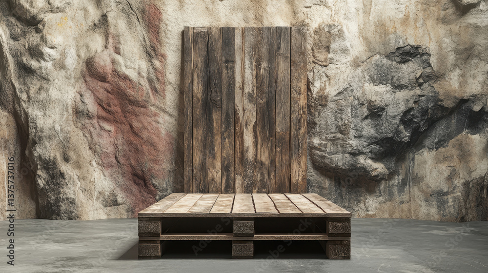 Poster rustic wooden podium made from pallets stands against textured rock wall, creating striking contrast