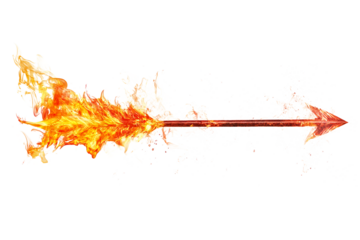 A flaming arrow flying through the air with a black background and bright orange and yellow flames