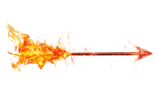 A flaming arrow flying through the air with a black background and bright orange and yellow flames - Powered by Adobe