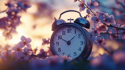 alarm clock and cherry blossom with copy space