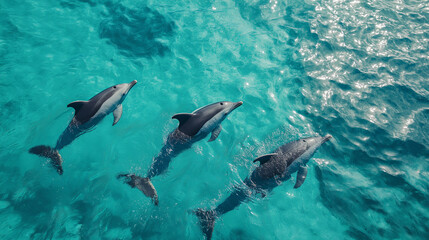 Obraz premium A pod of dolphins swimming in crystal-clear turquoise waters