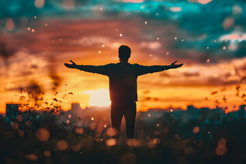 A man standing in an open field with outstretched arms under a breathtaking sunset, embodying freedom and joy.