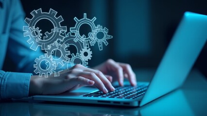 Businesswoman Working On Laptop, Gears Overlay