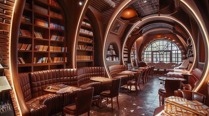 A retro library with a reading room. There are many bookshelves and comfortable leather chairs.