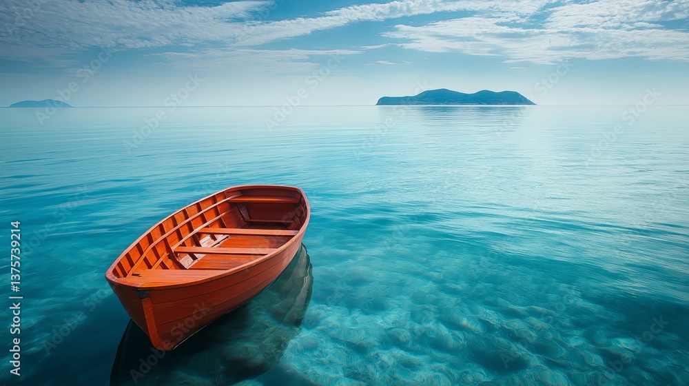 Poster A rowboat floating in a vast, glassy sea with a distant island in view