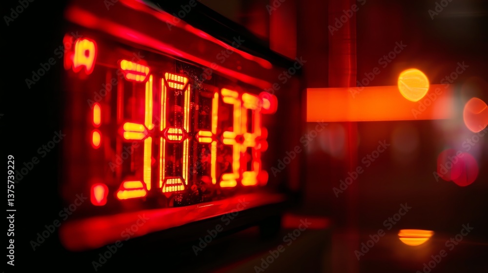 Poster red glowing numbers on a digital clock. the clock is in focus, but the background is blurry, with tw