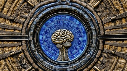 Obraz premium Intricate Metal Brain Symbol in Blue Circular Frame