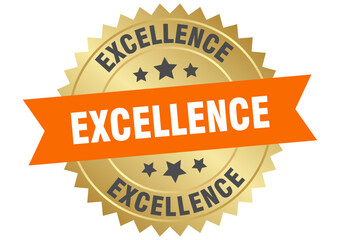 excellence. excellence round orange and gold label isolated on transparent background