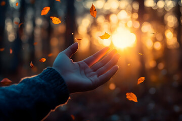 A hand reaches out as autumn leaves fall in the golden sunlight, evoking warmth, change, and the beauty of the season.