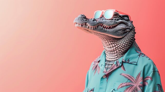 An anthropomorphic alligator wearing sunglasses and a tropical shirt.