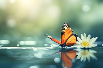 A vibrant orange butterfly rests on a delicate flower over calm water, symbolizing beauty, transformation, and tranquility.
