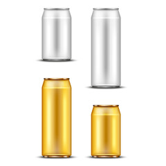 Set of blank aluminum beverage cans in silver and gold isolated on white background, 0.5 and 0.33 sizes for beer, soda, energy drinks, and soft drinks, realistic vector product packaging mockup.