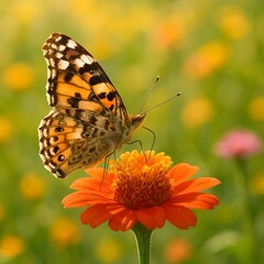 Obraz premium Vivid Butterfly Resting on Vibrant Flower in a Sunlit Garden Scene