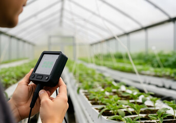 Farmer uses a handheld device to monitor seedlings growth in a greenhouse, embracing innovative agricultural technology