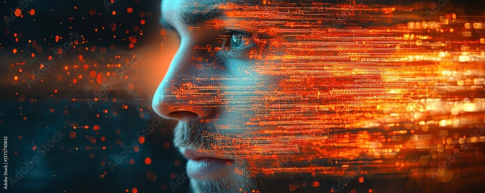 Poster side profile of a man with abstract digital data overlay