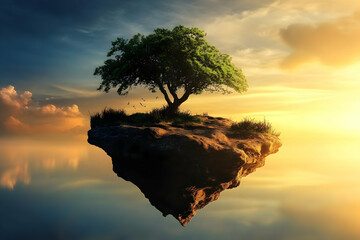 A lone tree on a floating island in a serene sunset reflects beauty, solitude, and the harmony of nature.