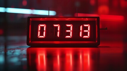A close-up of a digital clock with glowing red numbers. The clock is sitting on a reflective surface with neon lights in the background.
