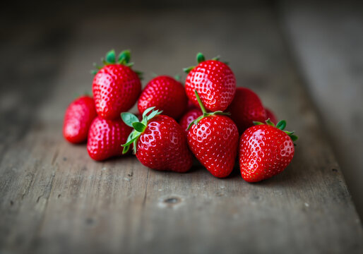 Ripe, red strawberries with green stems create a vibrant display on a weathered wooden surface