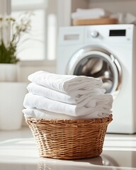 Fresh white laundry in basket next to washing machine