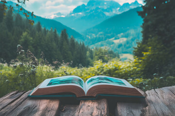 An open book rests on a rustic wooden table with a picturesque forest and mountain backdrop, blending reading and nature’s beauty.