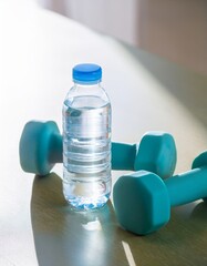 Obraz premium healthy lifestyle, sport concept; dumbbells and bottle of water